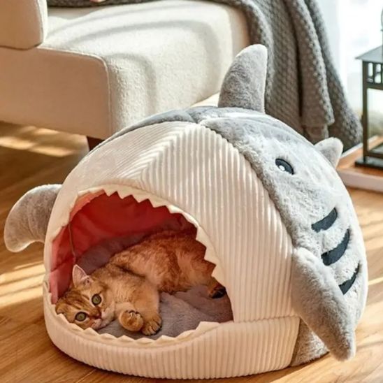 chat roux couche dans niche pour chat peluchon grise