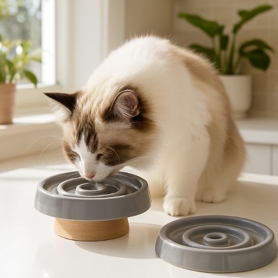 gamelle anti glouton chat tourbi gris et blanc en usage