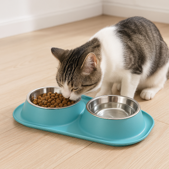 gamelle chat bivora bleu clair avec chat tigre et blanc