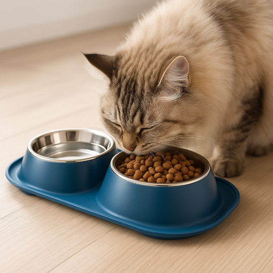 gamelle chat bivora bleue avec chat poils longs