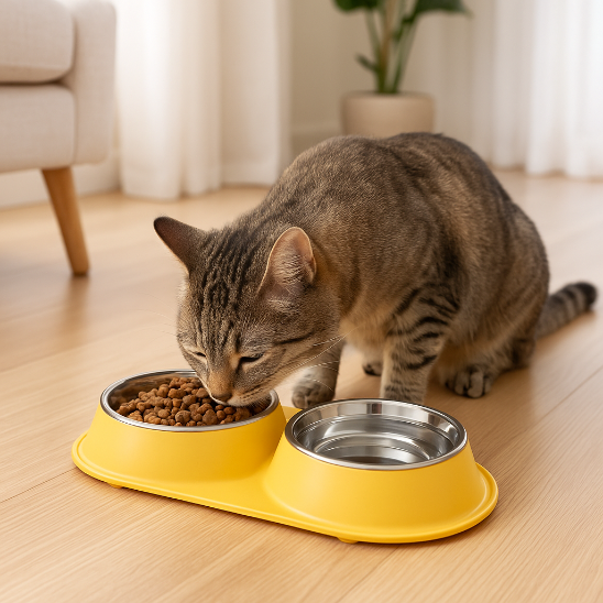 gamelle chat bivora jaune utilisation par chat tigre