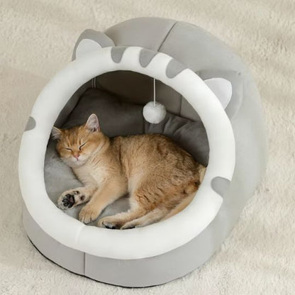 chat qui dort dans niche à chat mimichat grise