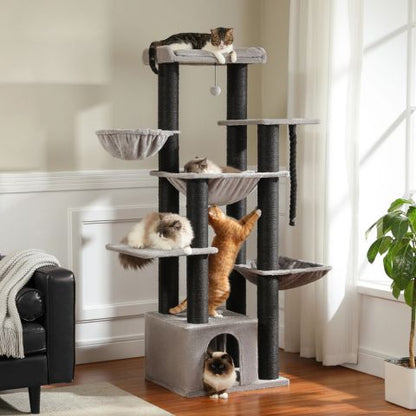 cinq chats sur arbre a chat patachou noir