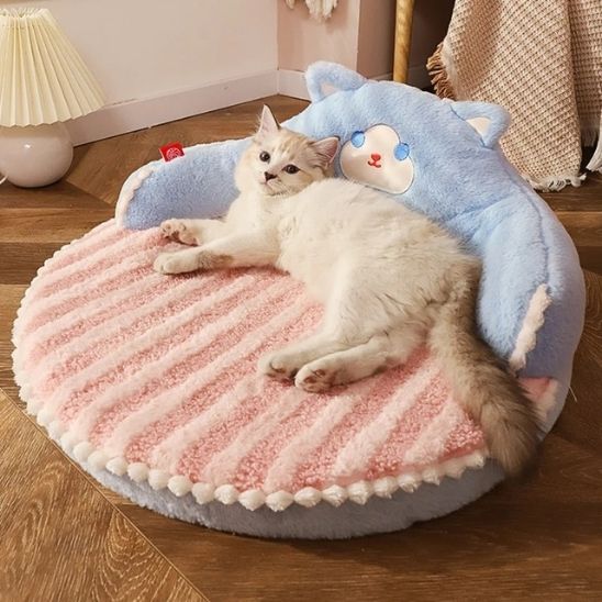 coussin chat doudou forme chat bleu et rose relax